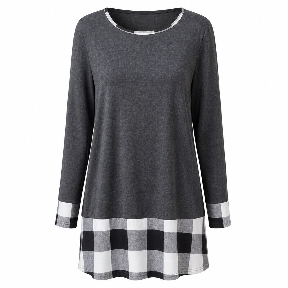 Women Gray with Black/White Checkered Long Sleeve Scoop Neck Soft Shirt Size 1XL